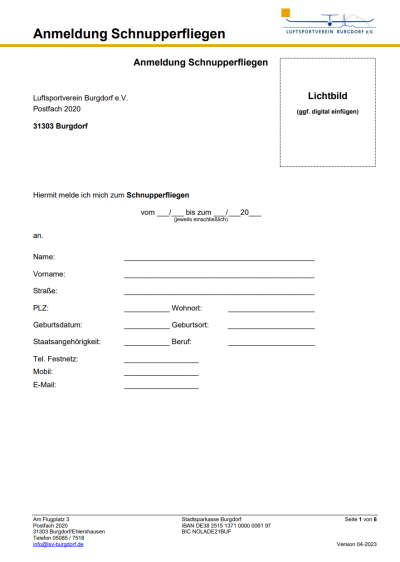 Anmeldung Schnupperfliegen LSV Burgdorf